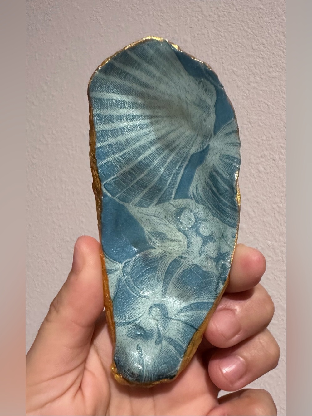Handmade Blue Coastal Oyster Shell Trinket Dish with Gold Rim